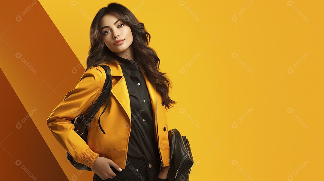 Linda estudante com mochila em fundo amarelo