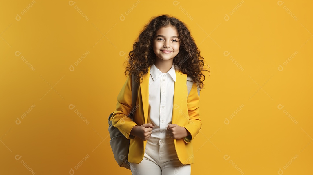 Linda garota estudante com mochila em fundo amarelo