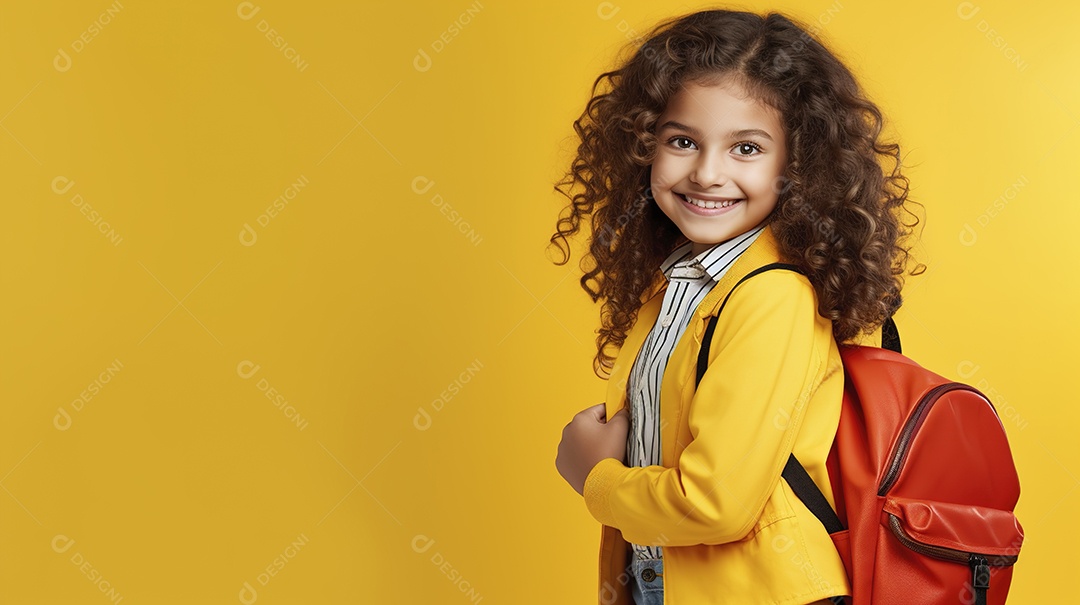 Linda garota estudante com mochila em fundo amarelo