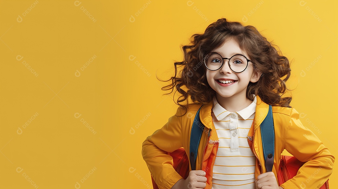 Linda garota estudante com mochila em fundo amarelo
