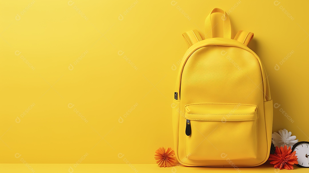 Mochila escolar em fundo amarelo