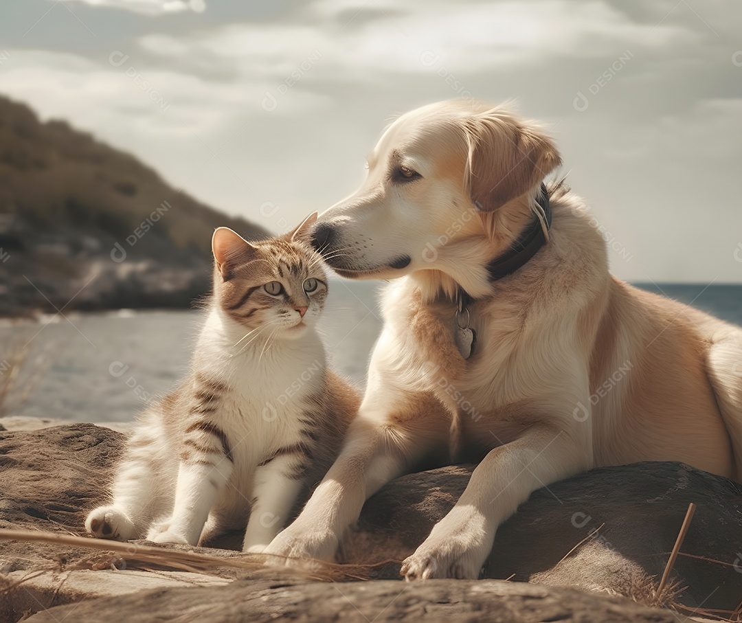 Gatinho e cachorro na pedra da praia