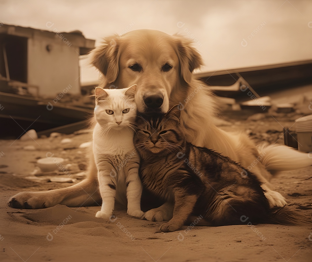 Gatinhos e cachorro sobre areia