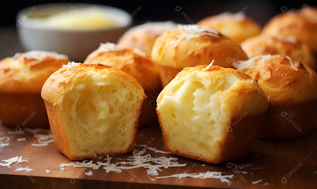 Deliciosos pães assados na bancada da padaria