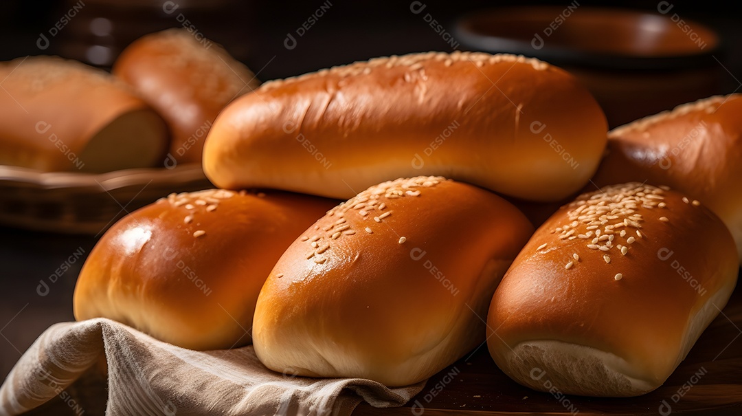 Bancada com pães assados na padaria