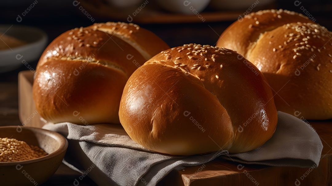 Bancada com pães assados na padaria