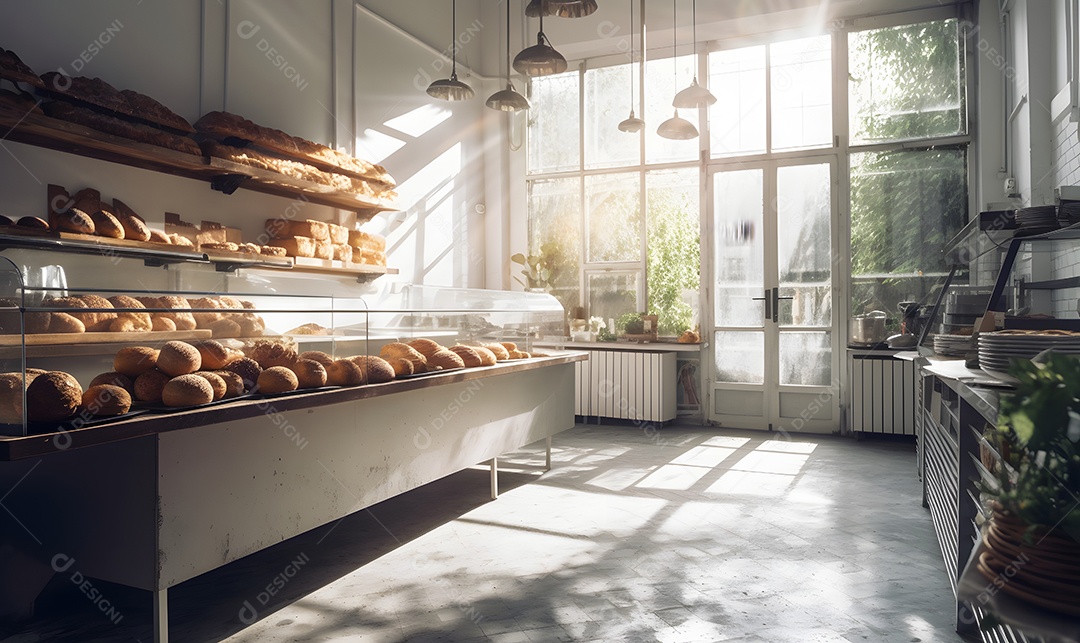 Bancada com pães e bolos assados na padaria