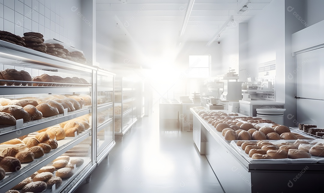 Bancada com pães e bolos assados na padaria