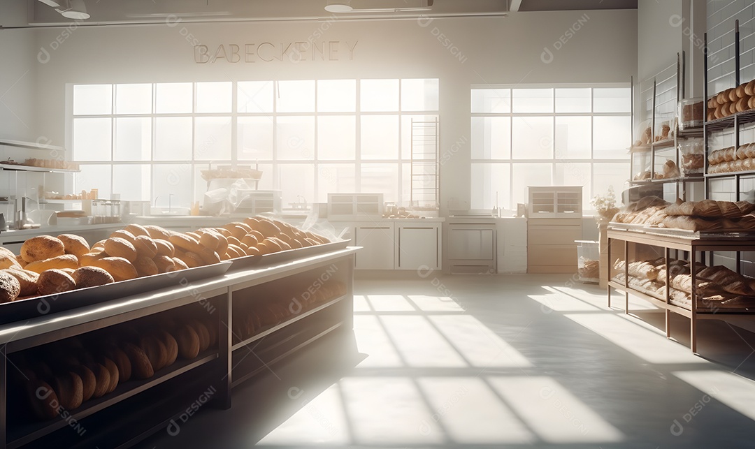 Bancada com pães e bolos assados na padaria