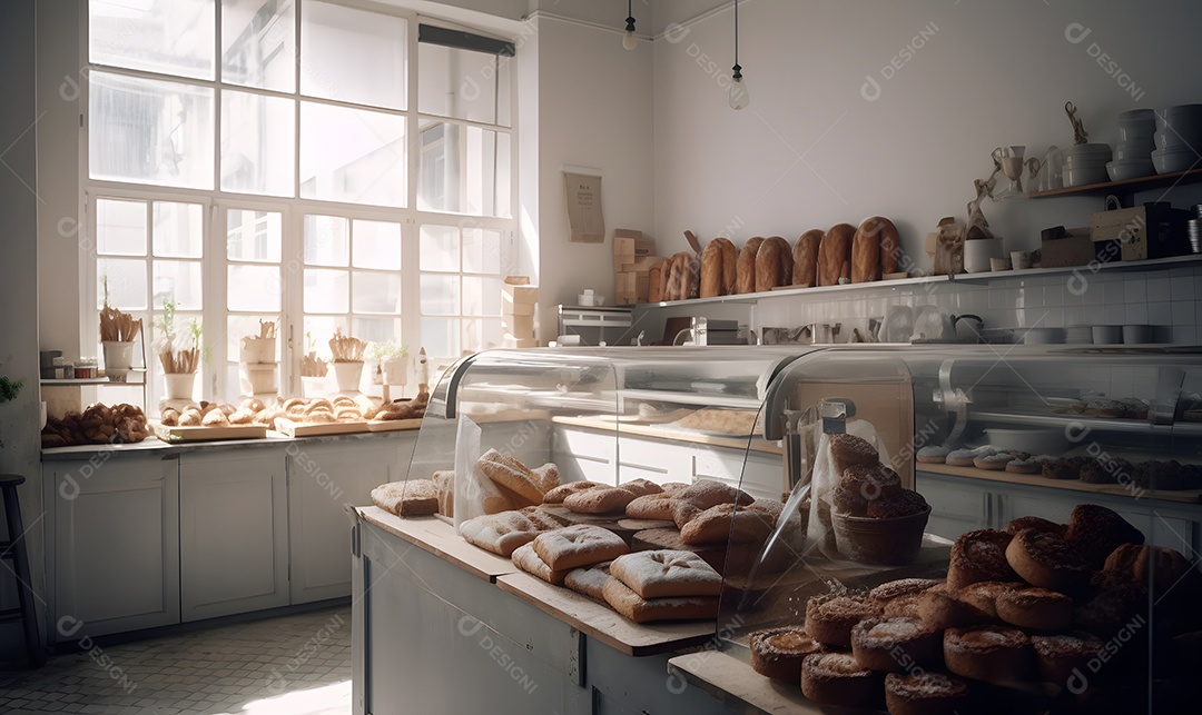 Bancada com pães e bolos assados na padaria