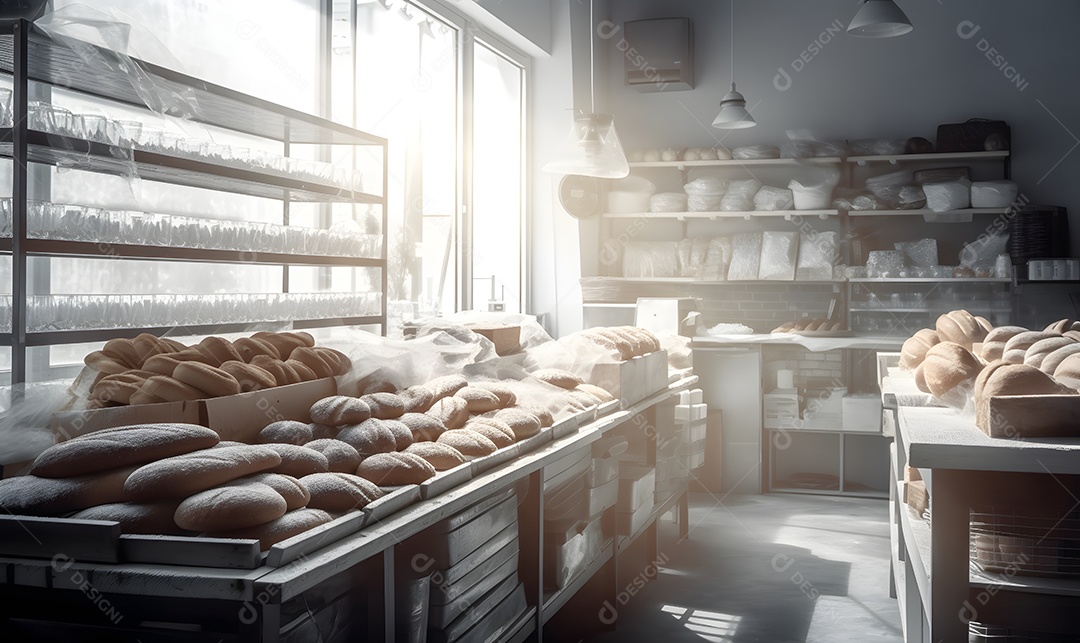 Bancada com pães e bolos assados na padaria