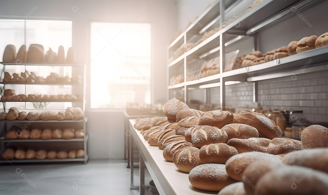 Bancada com pães assados na padaria
