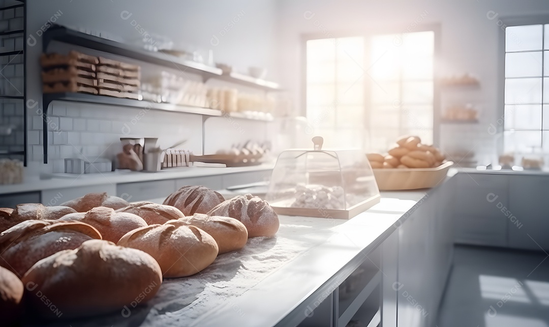 Bancada com pães assados na padaria