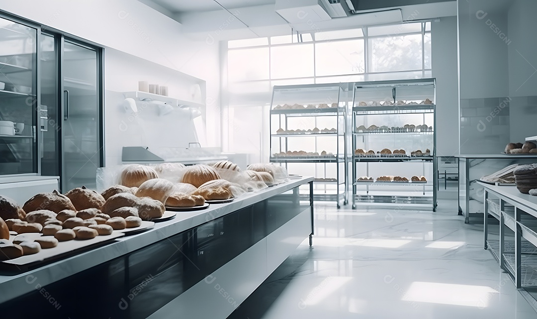 Bancada com pães assados na padaria