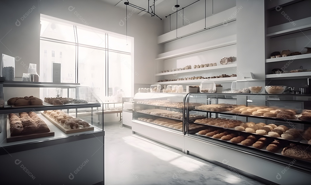 Bancada com pães assados na padaria