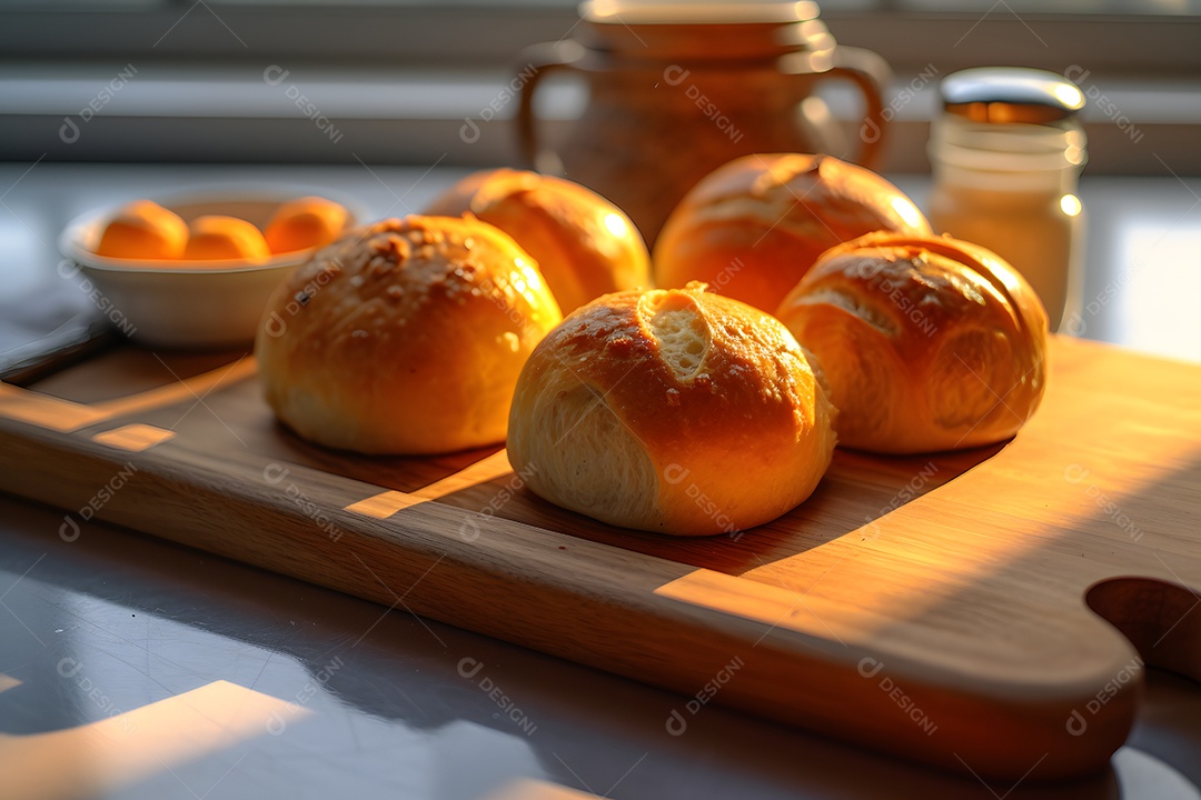 Bancada com pães assados na padaria