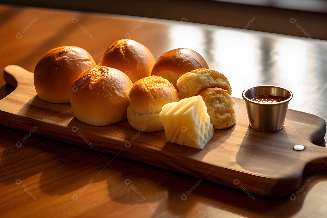 Bancada com pães assados na padaria