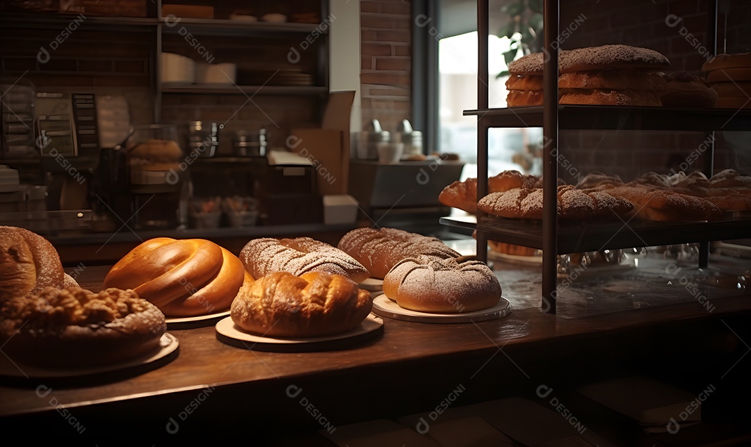 Bancada com pães e bolos assados na padaria