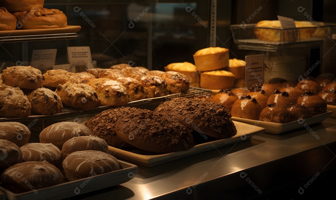 Bancada com pães e bolos assados na padaria