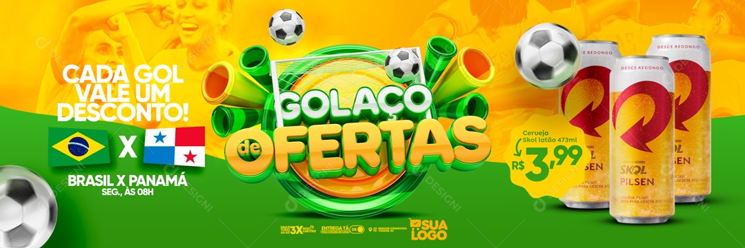 Social Media Banner Golaço De Ofertas Cerveja Skol PSD Editável