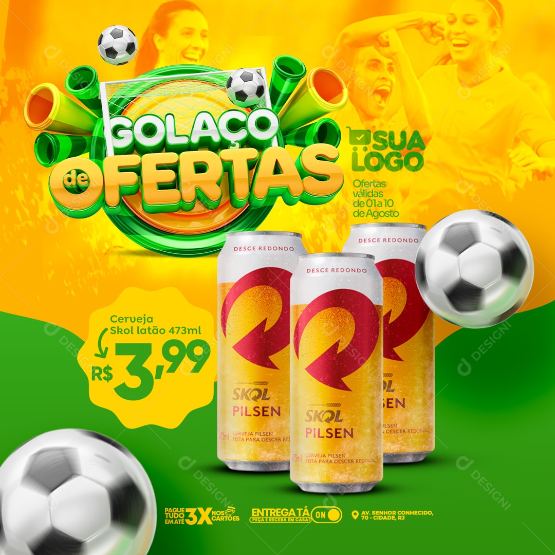 Social Media Feed Golaço De Ofertas Cerveja Skol PSD Editável