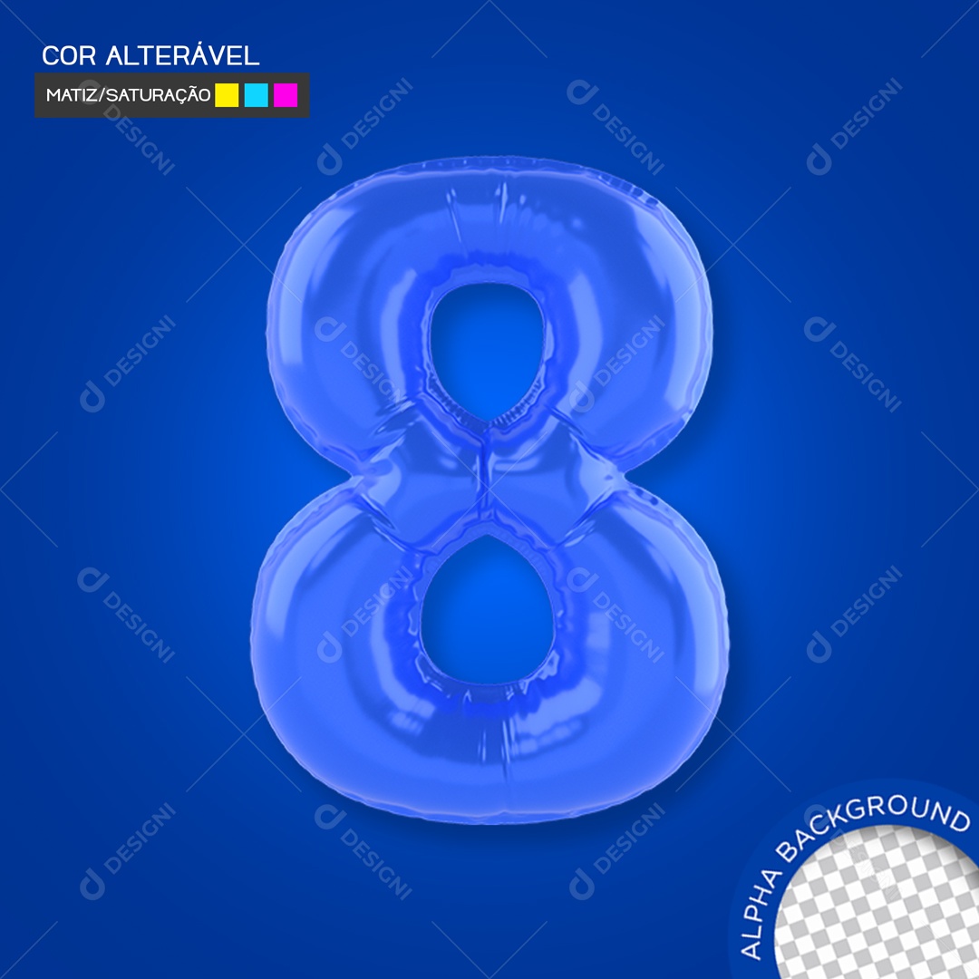 Elemento 3D Balão Azul Número 8 Para Composição PSD