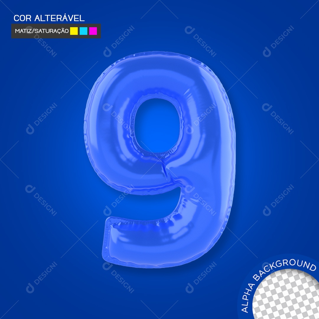 Elemento 3D Balão Azul Número 9 Para Composição PSD