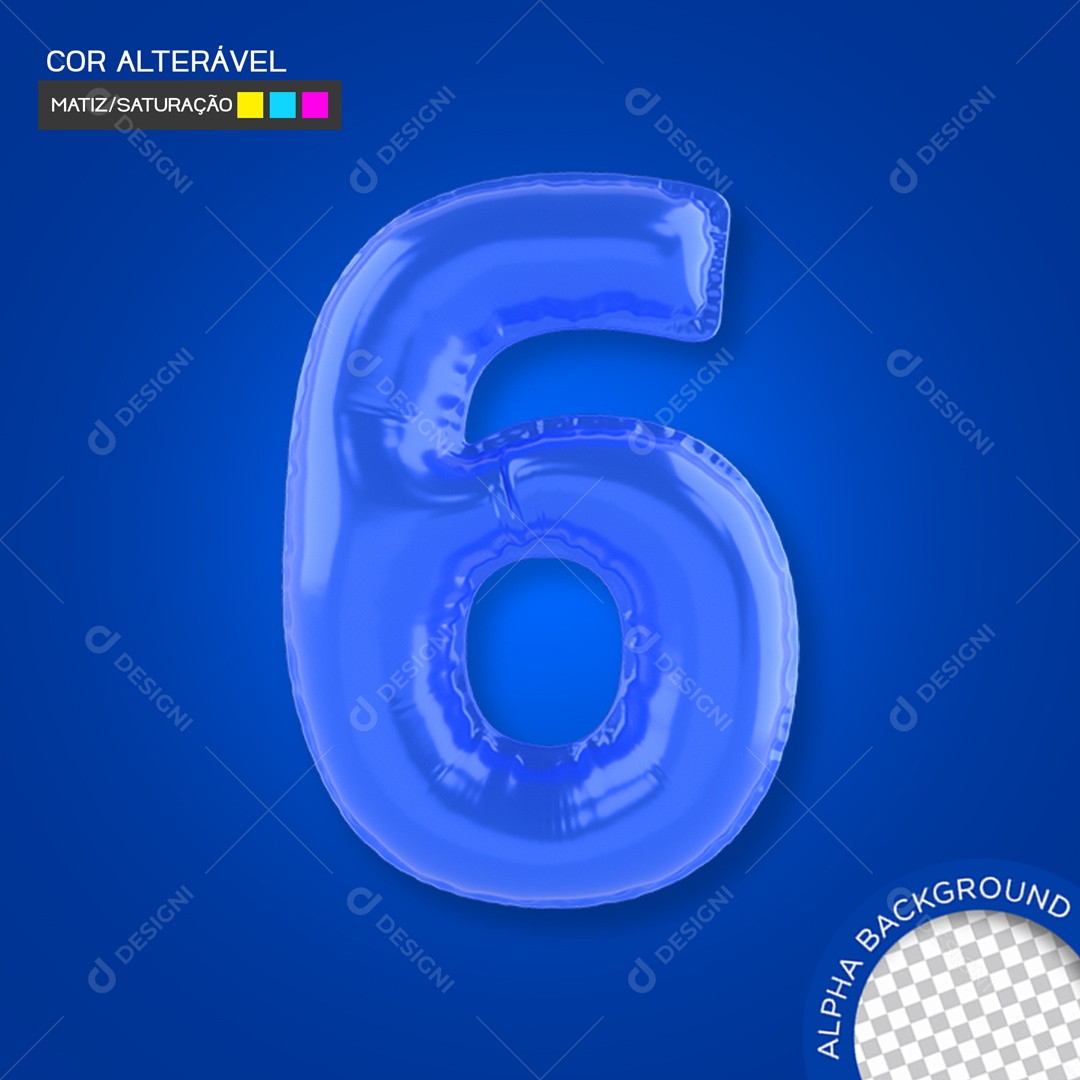 Elemento 3D Balão Azul Número 6 Para Composição PSD