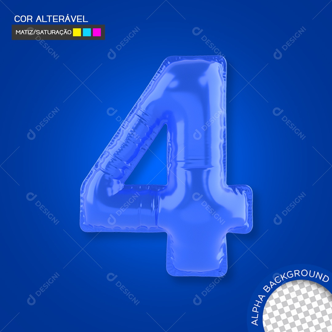 Elemento 3D Balão Azul Número 4 Para Composição PSD