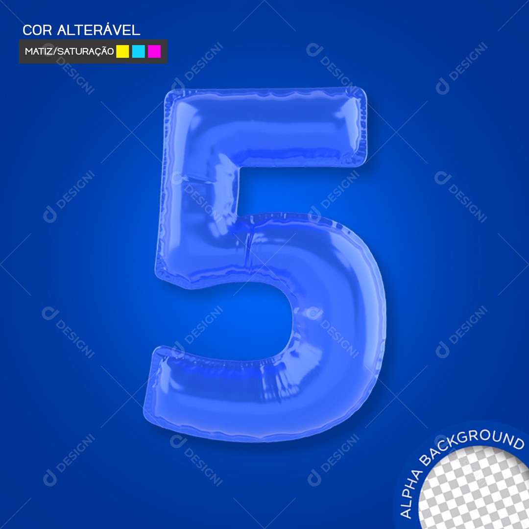 Elemento 3D Balão Azul Número 5 Para Composição PSD
