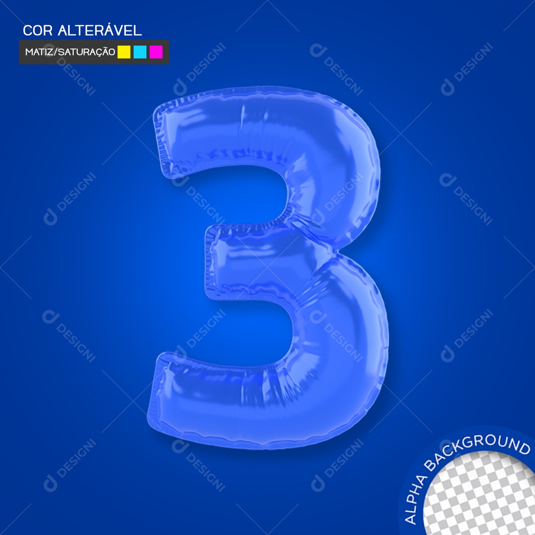 Elemento 3D Balão Azul Número 3 Para Composição PSD