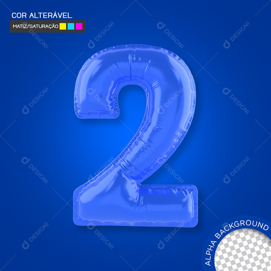 Elemento 3D Balão Azul Número 2 Para Composição PSD