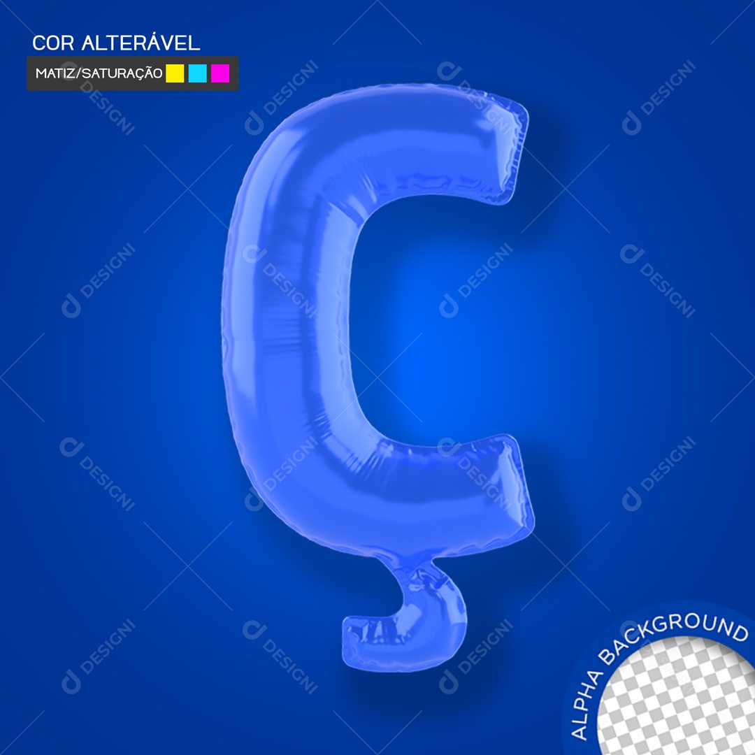 Elemento 3D Balão Azul Letra Ç Para Composição PSD