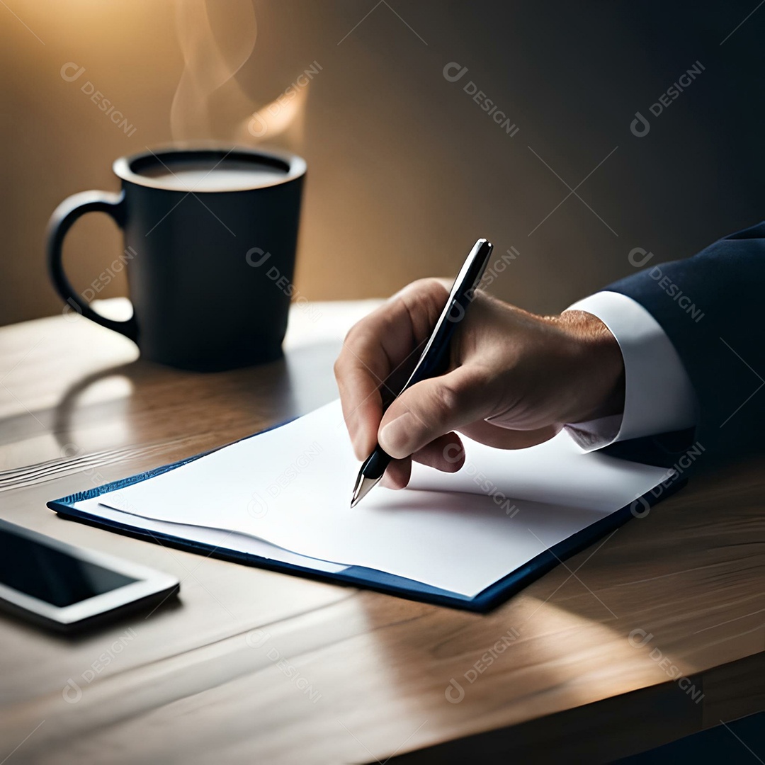 Homem com caneta escrevendo sobre papel branco