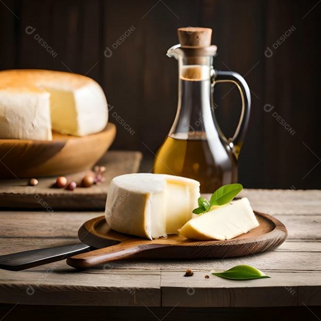 Garrafa de azeite e queijo cortado ao meio sobre a mesa