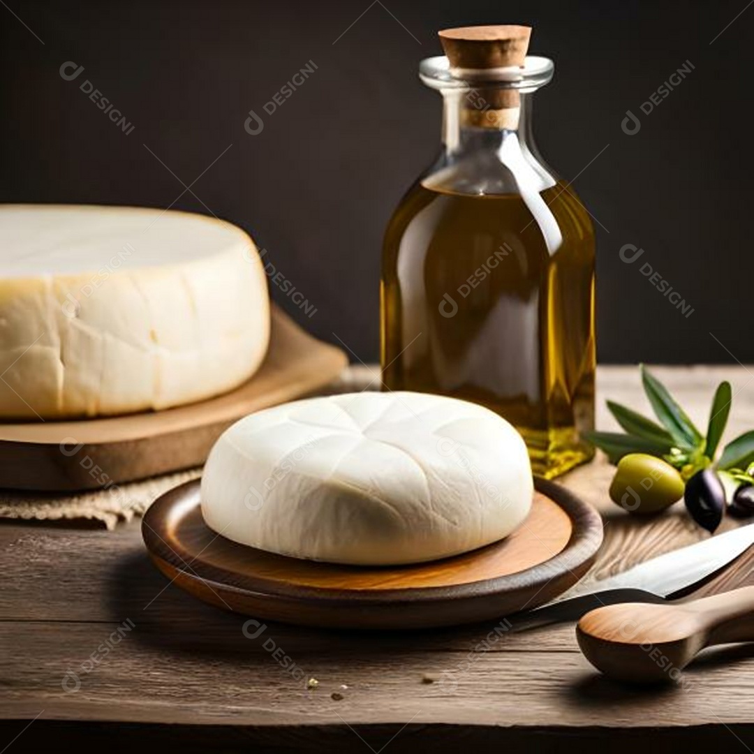 Garrafa de azeite e queijo cortado ao meio sobre a mesa
