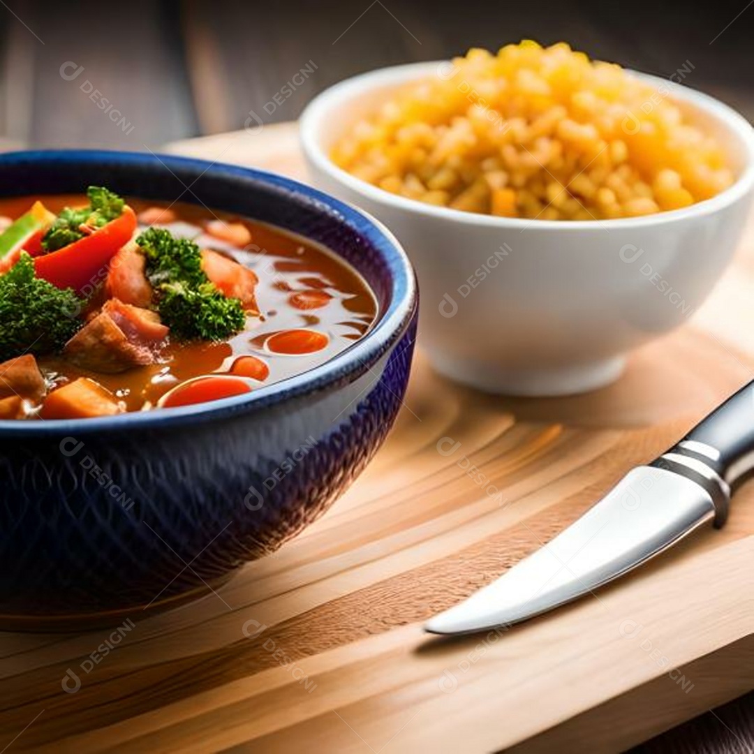 Tigela cheia de feijoada ao lado de tigela cheia de arroz ao lado de tigela cheia de couve picada ao lado de pimentão vermelho