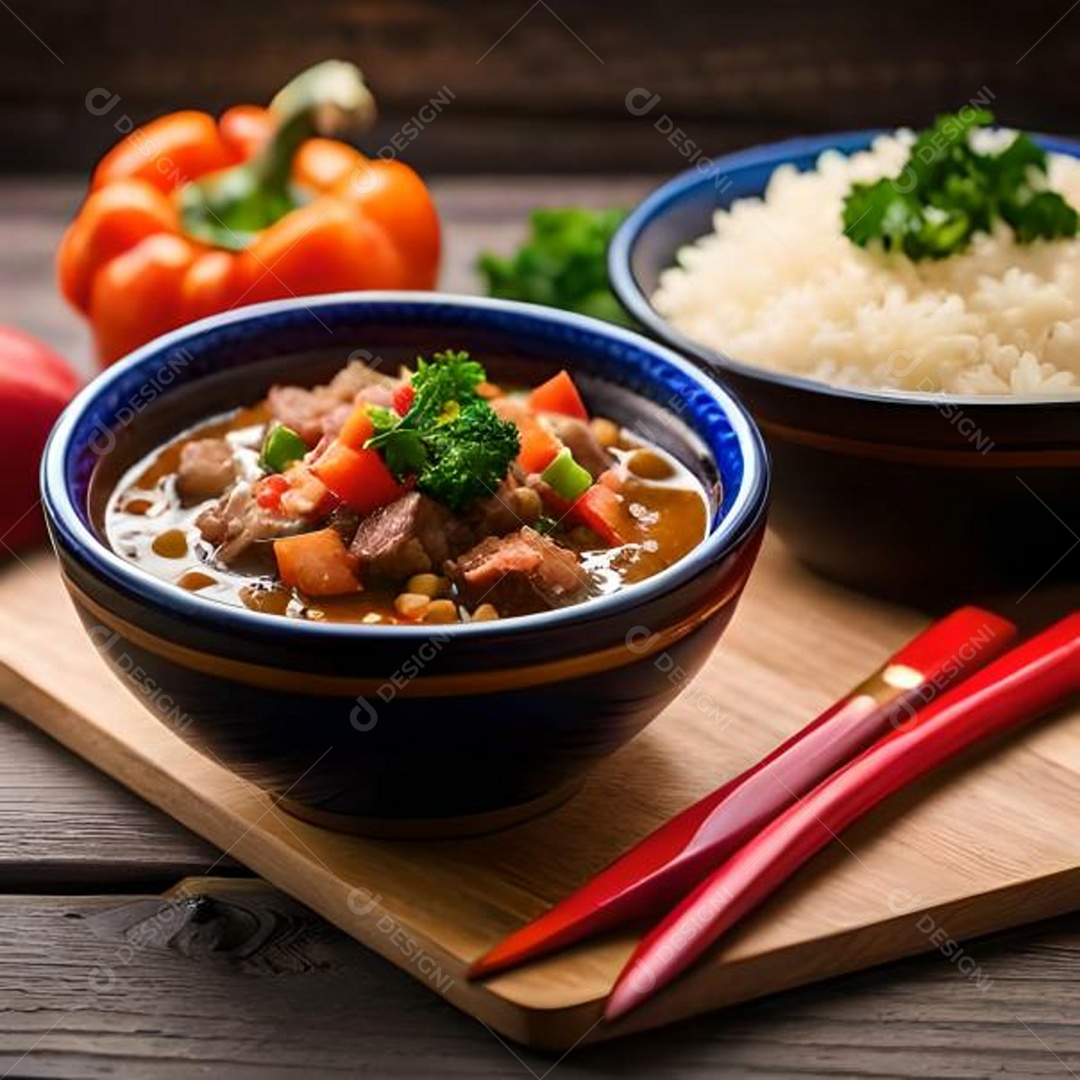 Tigela cheia de feijoada ao lado de tigela cheia de arroz ao lado de tigela cheia de couve picada ao lado de pimentão vermelho