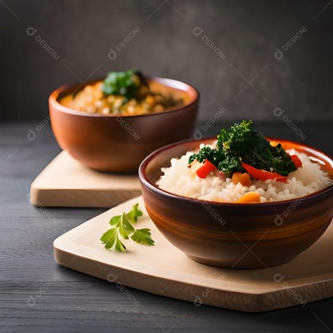 Tigela cheia de feijoada ao lado de tigela cheia de arroz ao lado de tigela cheia de couve picada ao lado de pimentão vermelho