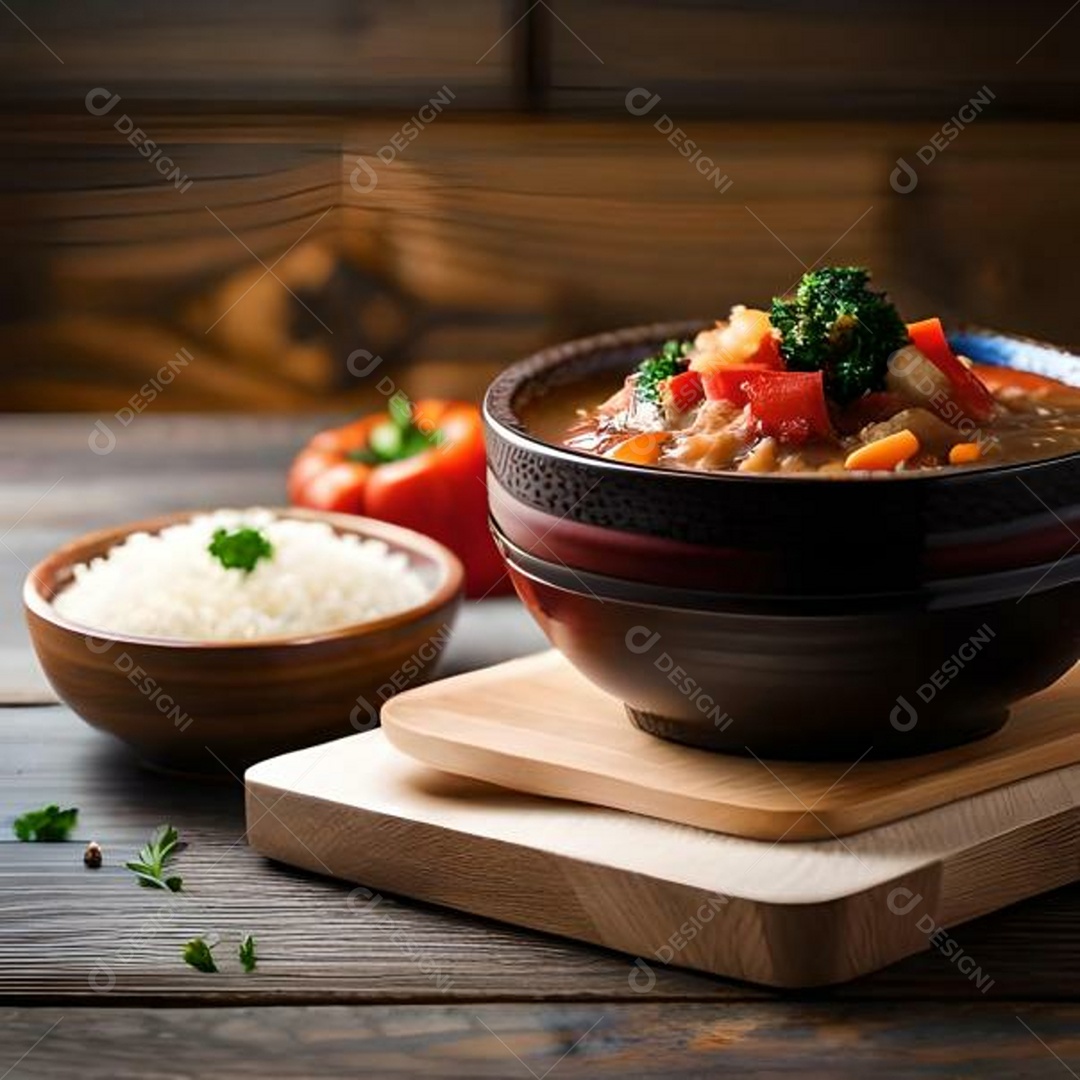 Tigela cheia de feijoada ao lado de tigela cheia de arroz ao lado de tigela cheia de couve picada ao lado de pimentão vermelho