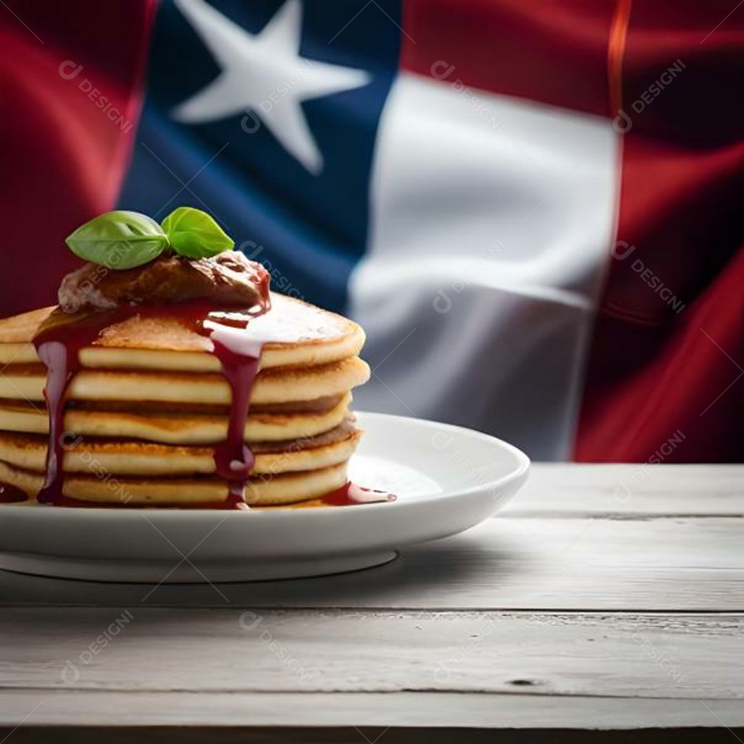 Deliciosas panquecas americanas encheram uma mesa de madeira ao lado de uma bandeira americana