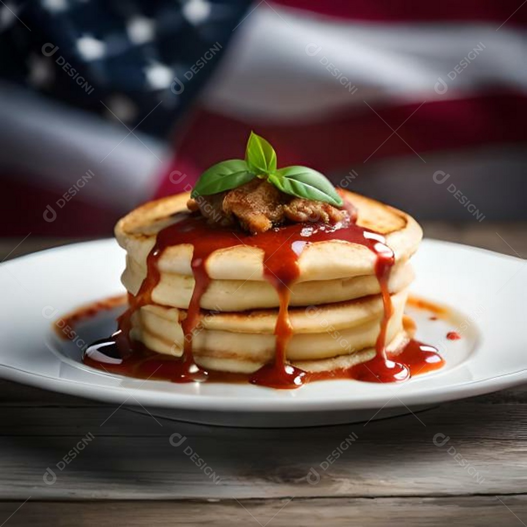 Deliciosas panquecas americanas encheram uma mesa de madeira ao lado de uma bandeira americana