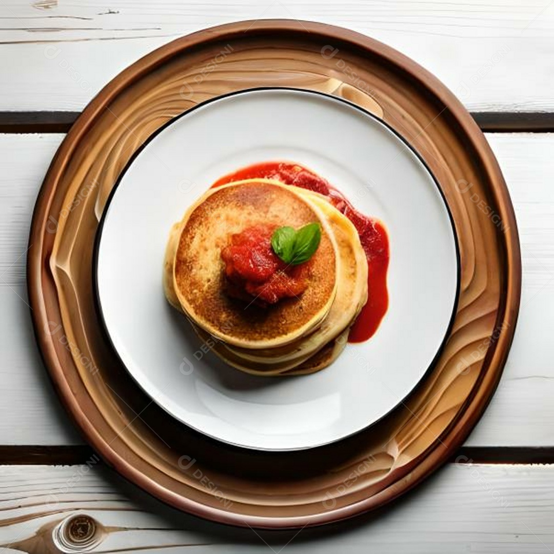 Deliciosas panquecas americanas encheram uma mesa de madeira ao lado de uma bandeira americana