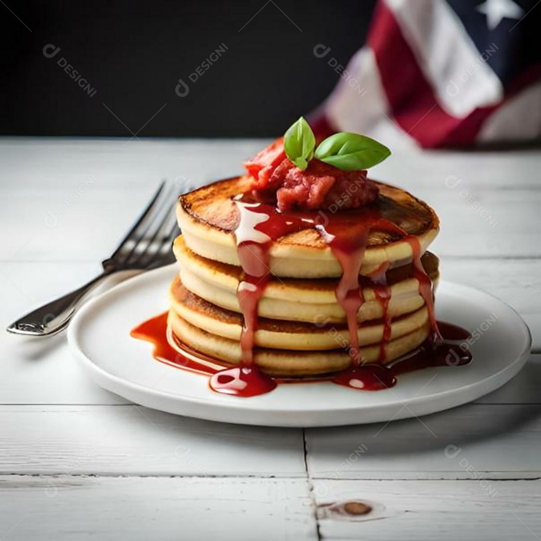 Deliciosas panquecas americanas encheram uma mesa de madeira ao lado de uma bandeira americana