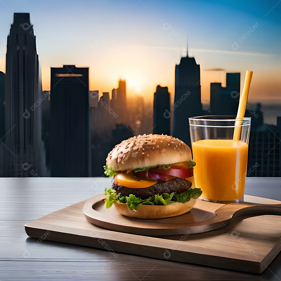 Delicioso hamburguer com copo de suco