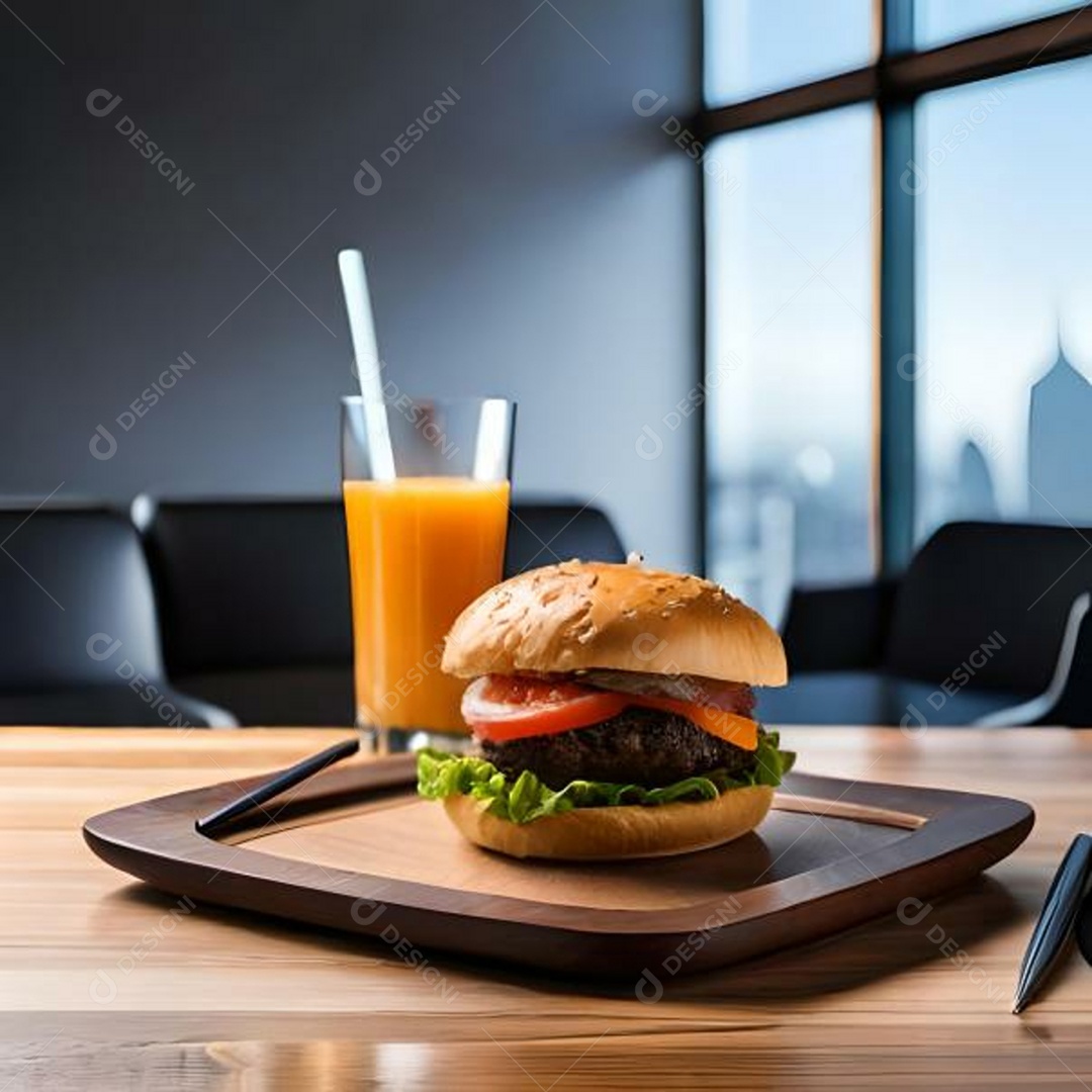 Delicioso hamburguer com copo de suco
