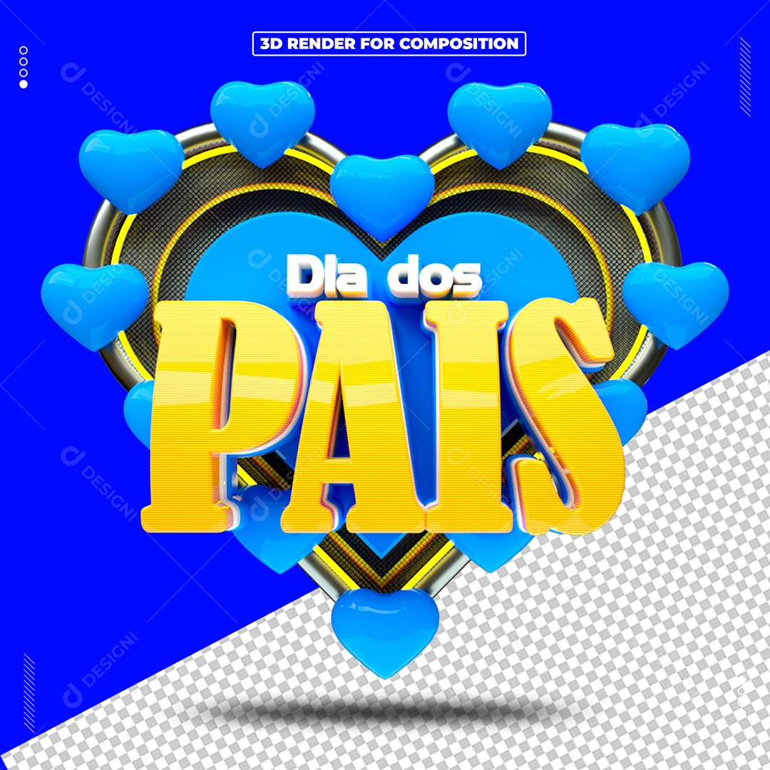 Selo 3D Dia Dos Pais Coração Azul Para Composição PSD