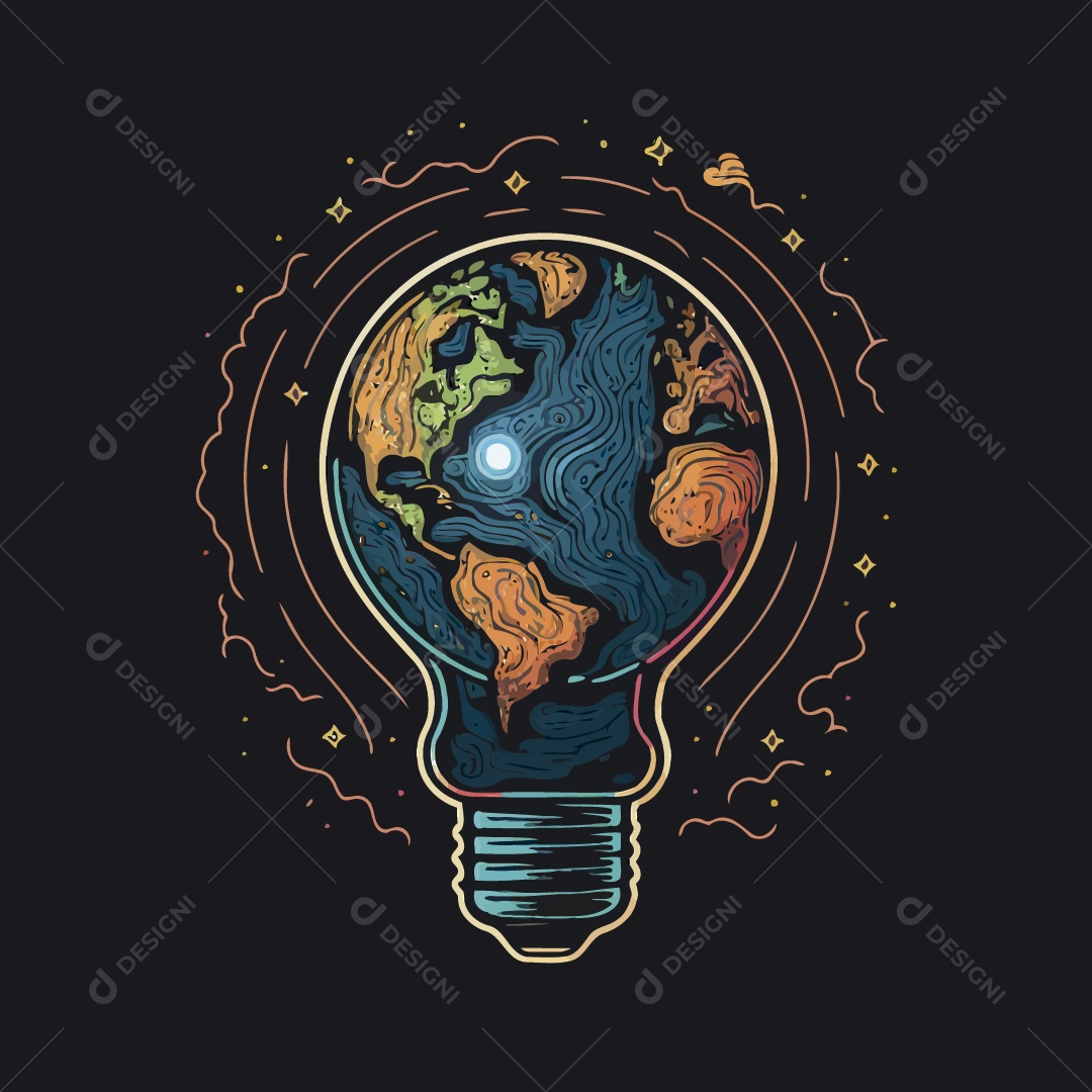 Planeta Terra Dentro de uma Lâmpada Ilustração Vetor EPS
