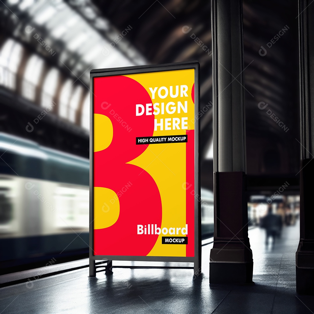 Outdoor em Estação Com Trem ao Fundo Mockup PSD Editável