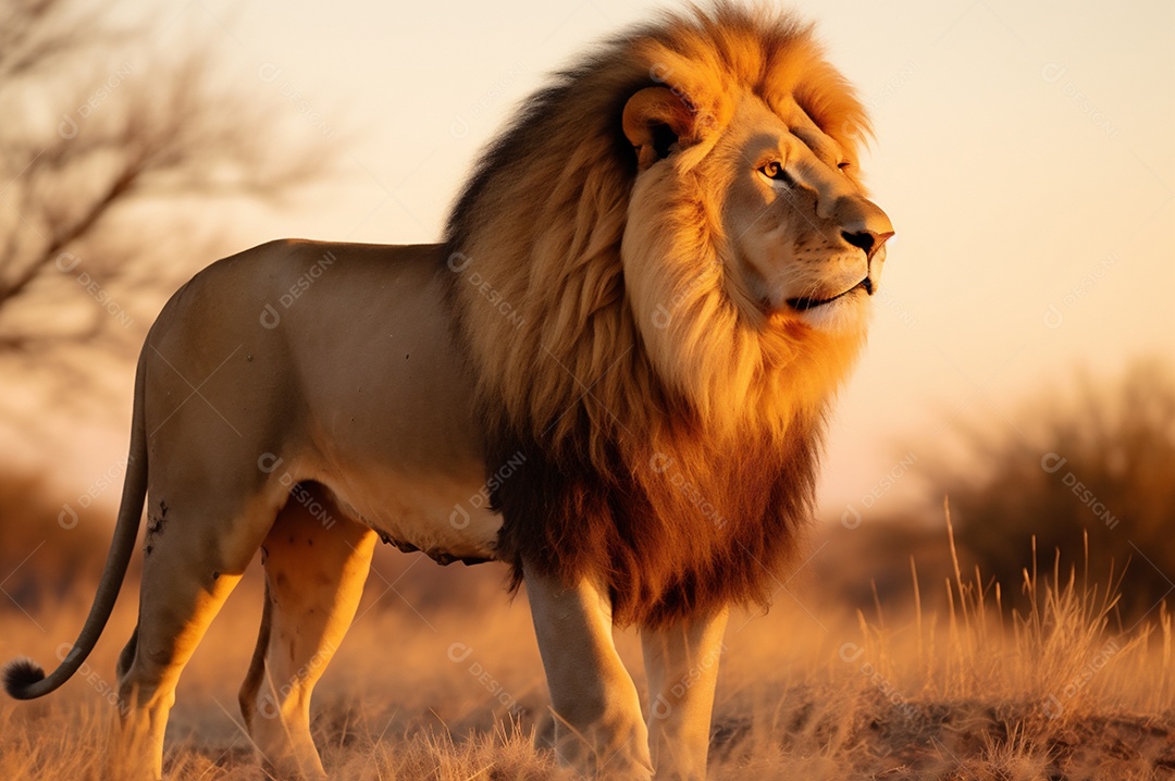 Leão macho adulto em pé na savana africana